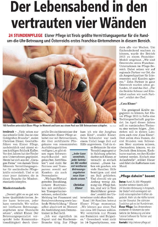 Artikel in der Tiroler Wirtschaft über Elsner 24-Stunden-Pflege