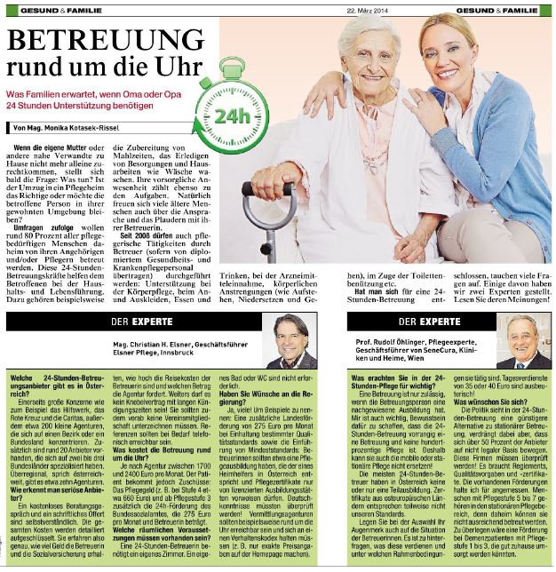 Zeitungsartikel in der Kronen Zeitung zur Betreeung rund um die Uhr, mit einem Interview von Herrn Elsner.