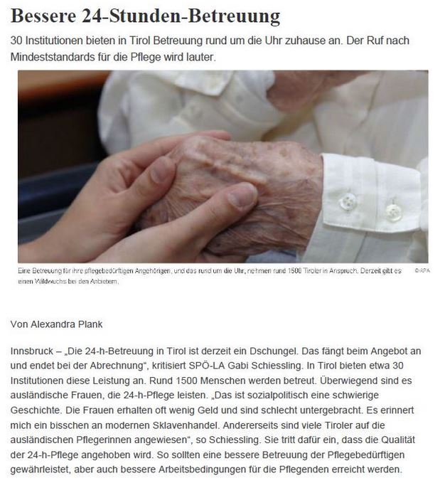 Artikel in der Tiroler Tageszeitung zur besseren 24-Stunden-Betreuung