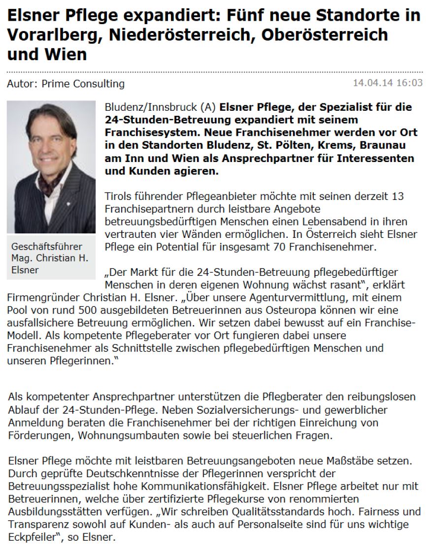 Artikel in Wirtschafts-Zeit über 5 neue Standorte von Elsner Pflege in Vorarlberg, Niederösterreich, Oberösterreich und Wien.